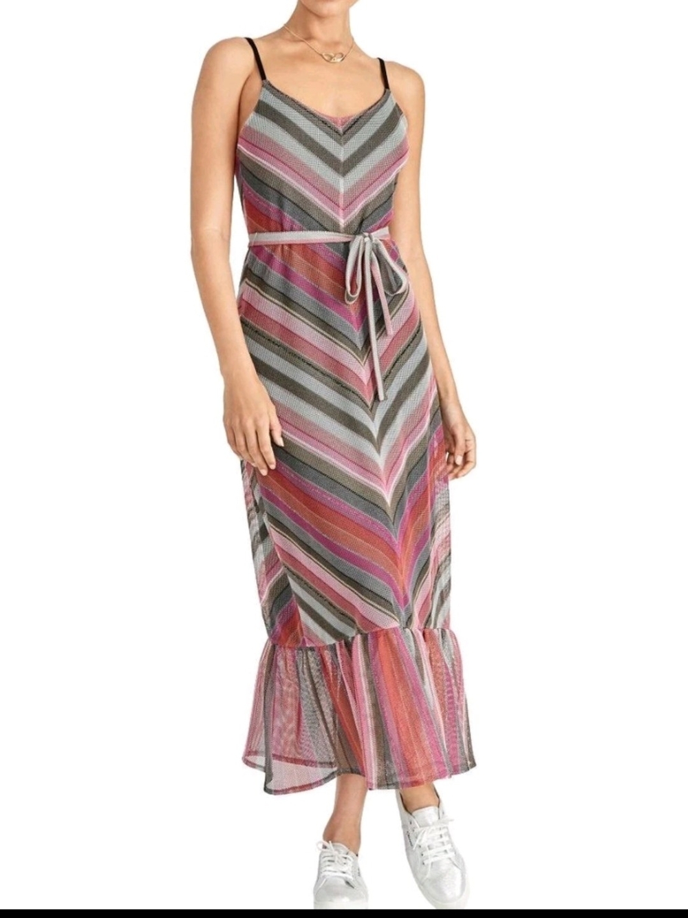 RACHEL Rachel Roy Pink Multi-Stripe V-Neck Maxi Dress with Tie Waist